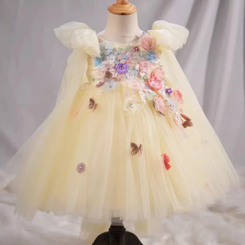 Yellow Princess Dress for First Birthday Party Puffy Tulle Gown Toddler Girls Celebration Outfit Flower Girl Pageant Occasion