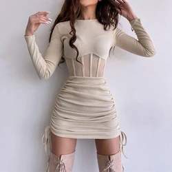 Fashion Women Summer Sexy Dress Vestidos Long Sleeve Mesh Waist Bodycon Dress Casual Women White Mini Dress
