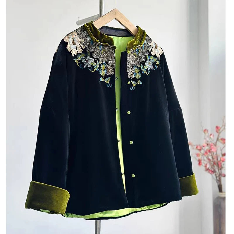 High End Winter Silk + Velvet Coat New Chinese Style O-Neck Embroidered Women\'s Thick Contrast Colored Cuffs Cotton Jacket S-XL