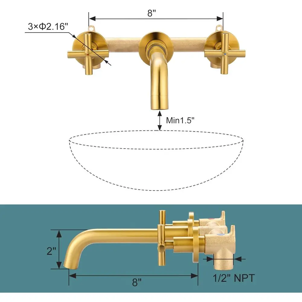 Rubinetto per lavabo a parete con montaggio a parete in oro spazzolato a 2 maniglie con valvola in ottone