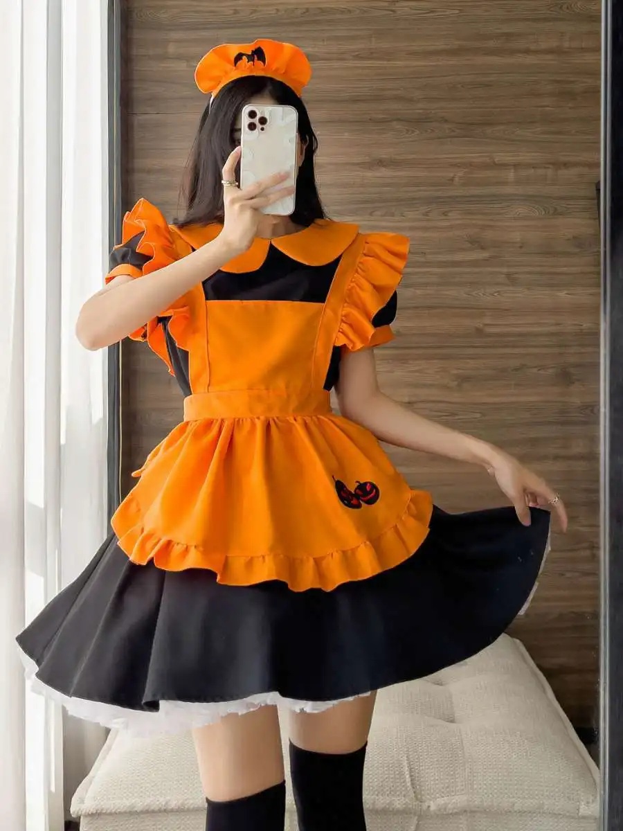 زي خادمة مطرز للهالوين على شكل يقطين الخفافيش الساحرة السحرية للخادمة مادة البوليستر الصينية التقليدية...