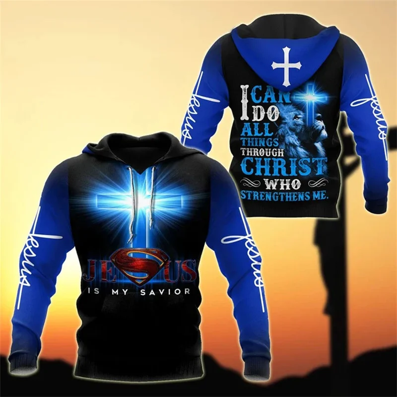 

3D Christian Jesus Bless All Printed Hoodies For Men Crucifix Graphic Hooded Sweatshirts Kid Fashion Cool Pullover Harajuku Tops