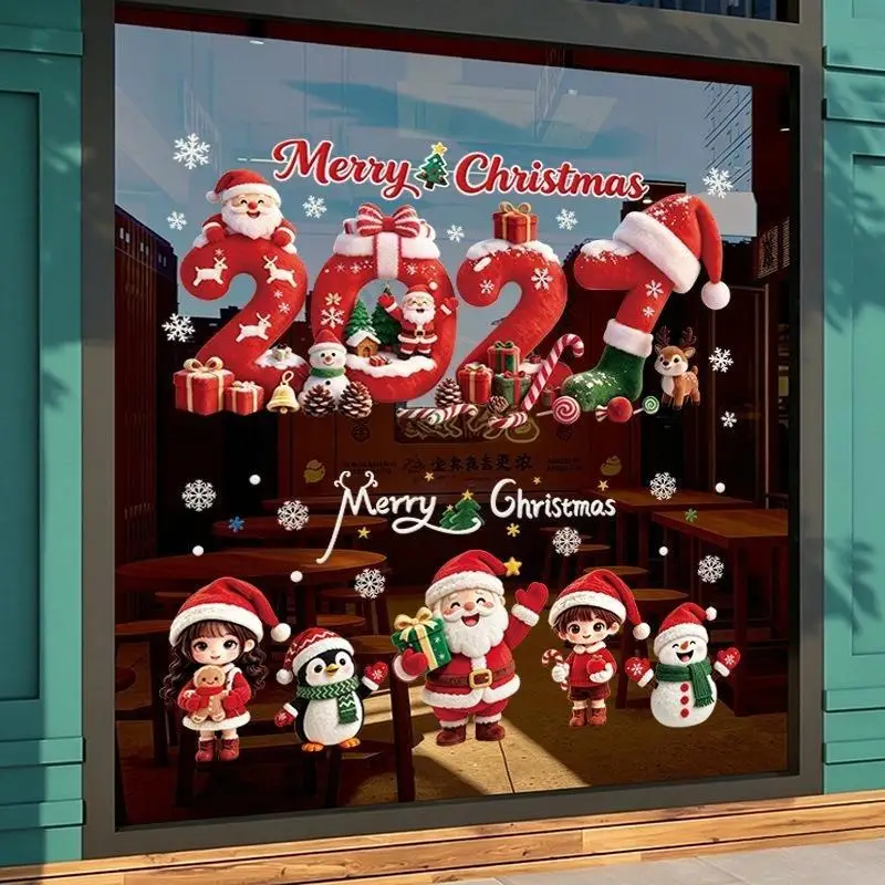 2027 Christmas Window Clings Cute Santa Snowman Pattern Removable Adhesive For Home Store Restaurant Holiday Decor