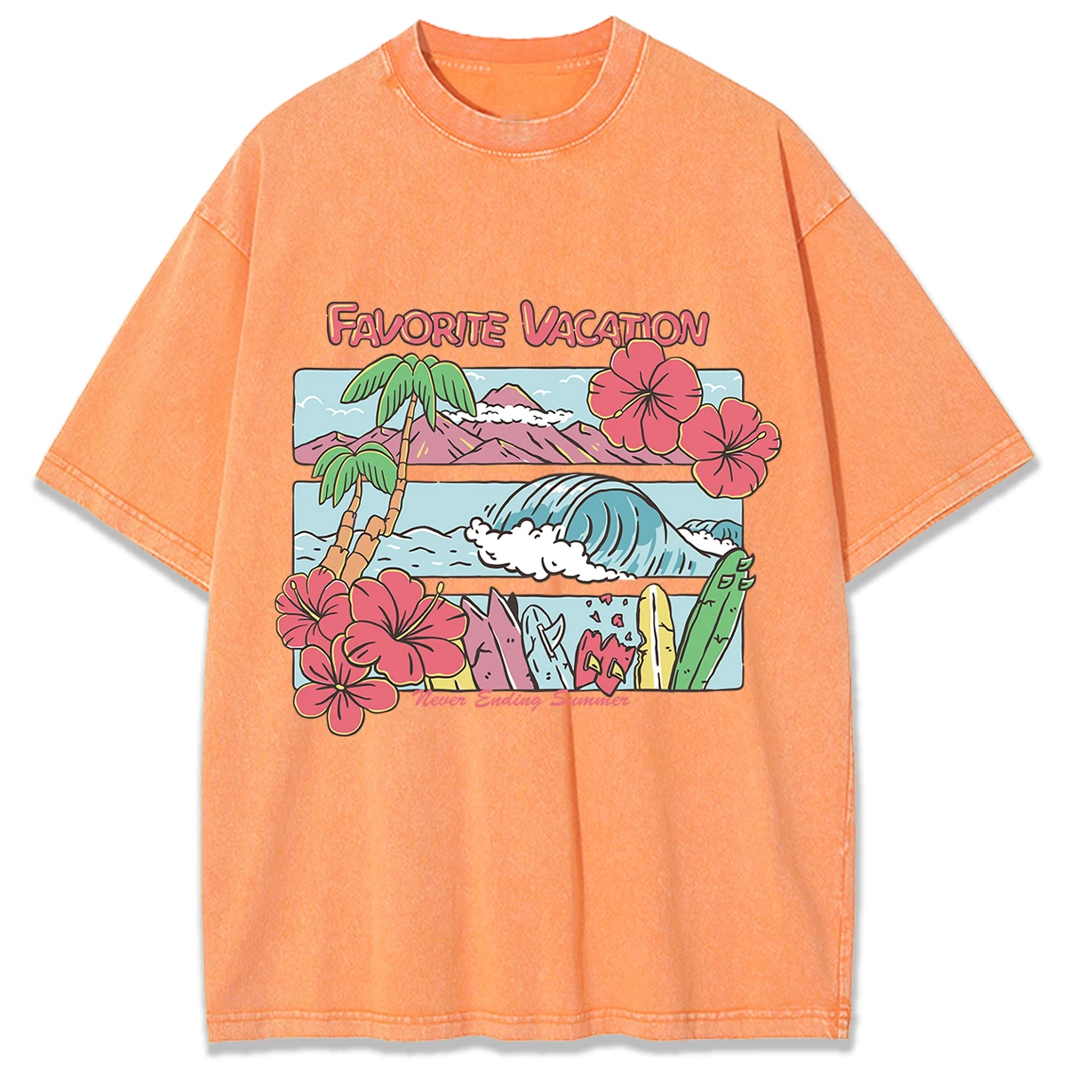 

Favorite Vacation Never Ending Summer Surfing Coconut Treewashed T-Shirt Women Casual Tee Trendy Wash Clothes Unisex Cotton Top