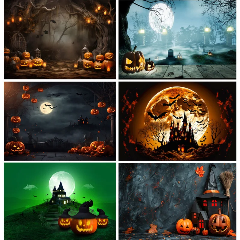 

Halloween Backdrop Full Moon Scary House Night Castle Graveyard Forest Bats Pumpkin Lantern Spooky Photography Background SJ-5