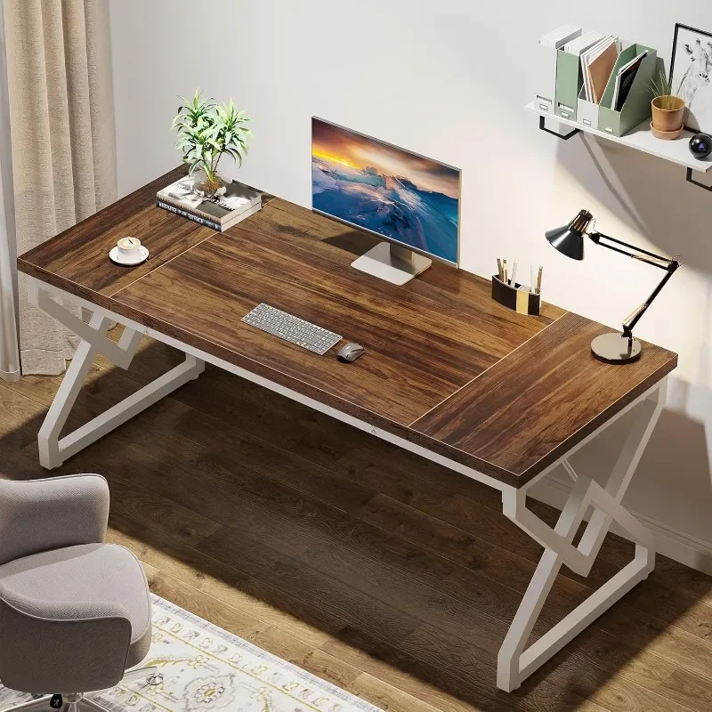 Executive Desk,Office Computer Desk with Extra Thick Wooden Tabletop and Metal Frame,Modern Workstation Writing Table Study Desk