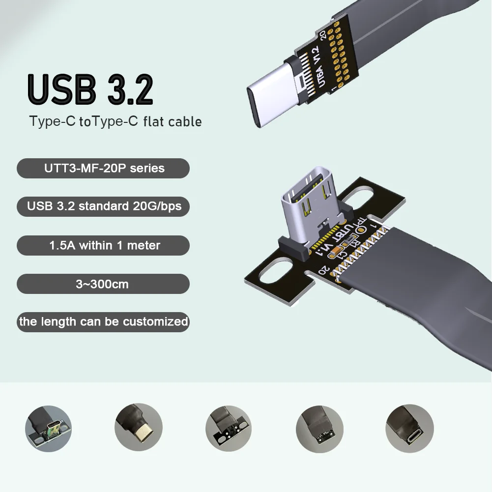 20Gbps USB 3.2 Type C To Type C Flat Extension Cable Fold 90 Degree USB C Male Female OTG Data FPC FPV Aerial Photography Cord