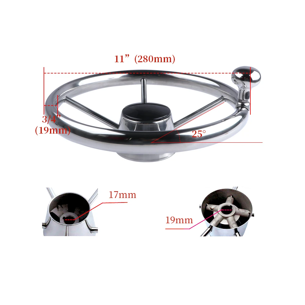 Boat Accessories Steering Wheel With Knob Stainless Steel 5 Spoke 25 Degree 11'' For Marine Yacht