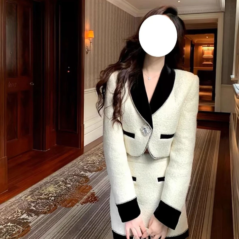 

Осень-зима, новый элегантный комплект из двух предметов, женский комплект во французском стиле, модное контрастное короткое пальто с ромбовидной пряжкой + юбка с высокой талией