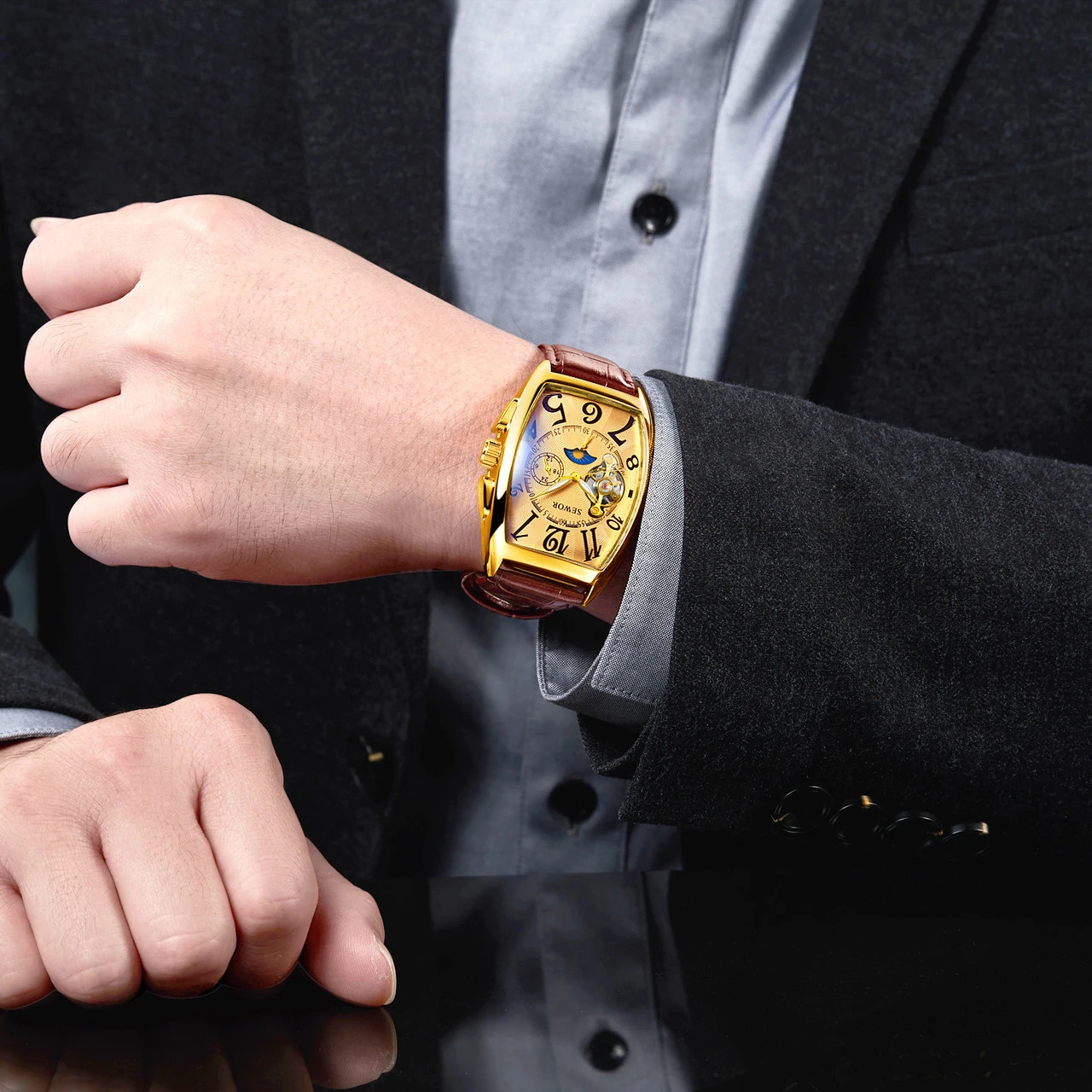 ساعة SEWOR Tonneau الهيكل العظمي للرجال مضيئة الأيدي توربيون ساعات آلية أوتوماتيكية حزام من الجلد ساعات المعصم التجارية