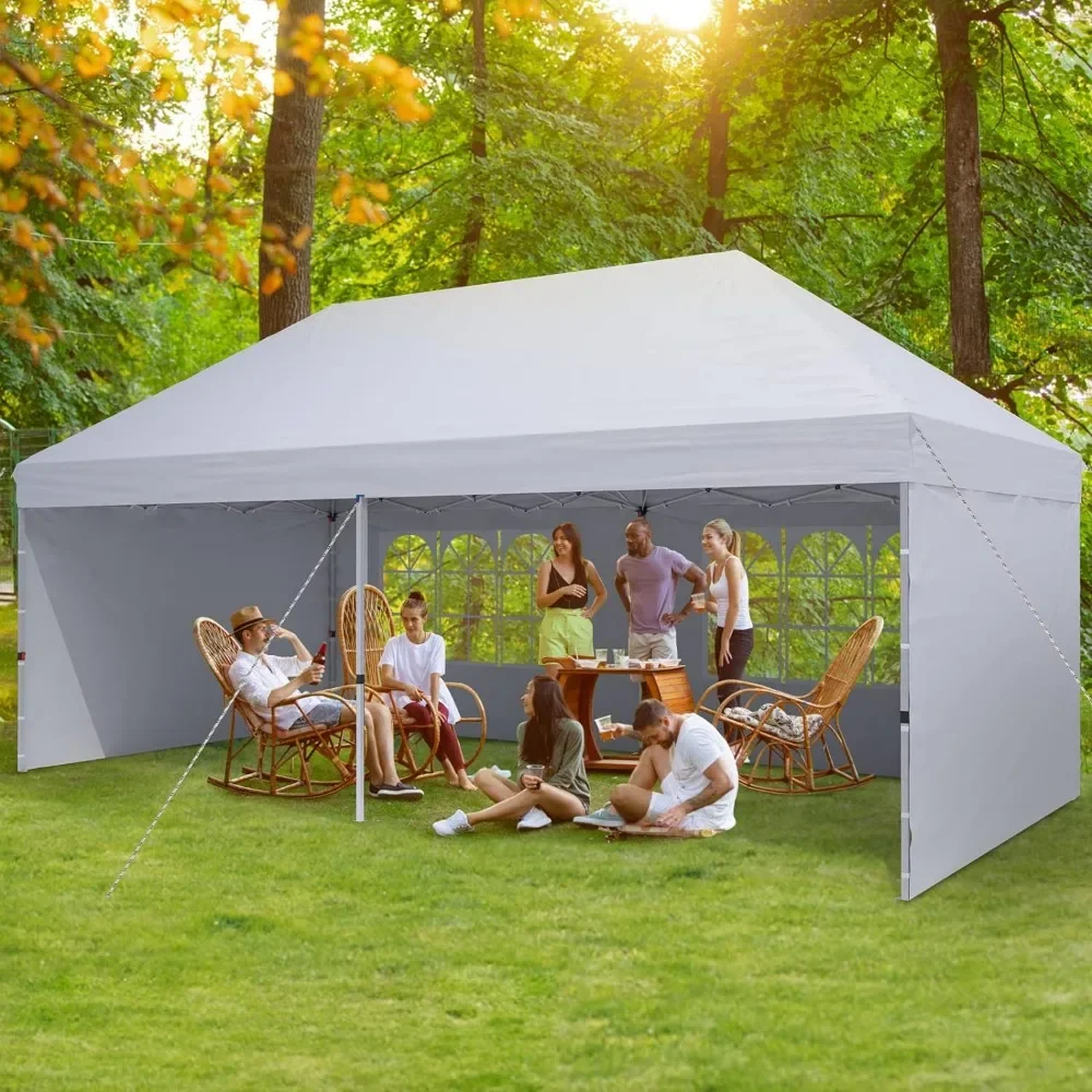 

Pop up sunshade with 4 detachable side walls, wooden stakes x12, ropes x6, used for outdoor party activities on the terrace