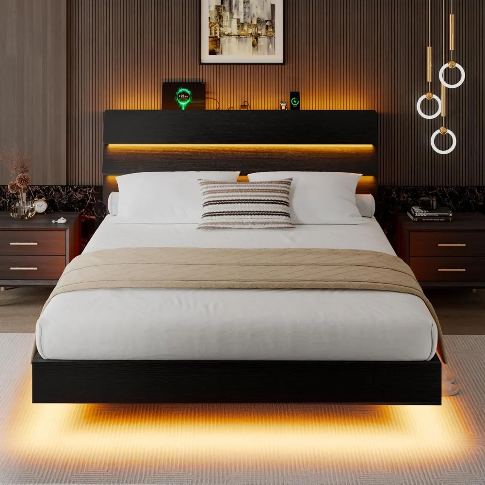 iPormis Queen Floating Bed Frame with LED Lights & Charging Station, Platform Bed with Wooden Storage Headboard, Steel Slats Sup
