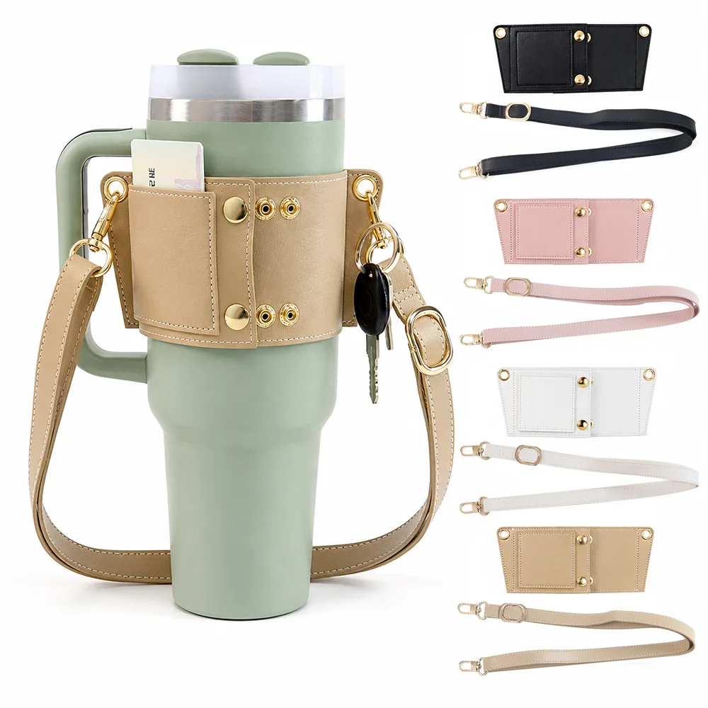 PU Leather Tumbler Carrier with Shoulder Strap Card Pocket Key Holder Crossbody Cup Sleeve Compatible with Stanley 30/40oz