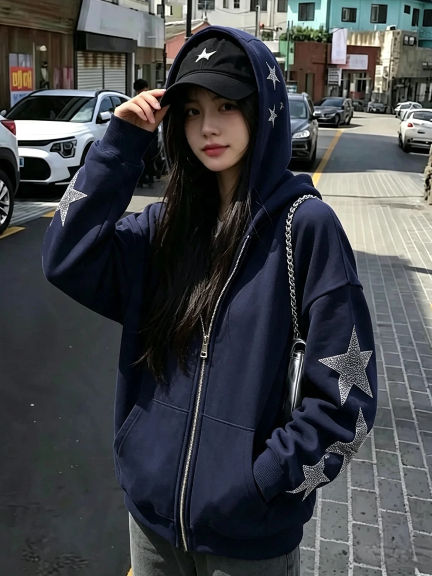 American Style Hoodie Sweatshirt with Rhinestone Stars Loose Fit Unisex Spring Autumn New Design Zipper Cardigan Outerwear