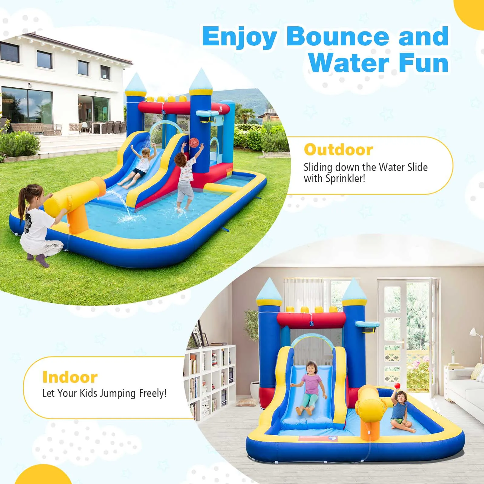 Château d'eau gonflable pour enfants, 6 en 1, videur avec ventilateur Ocean Ik& 735W, 50