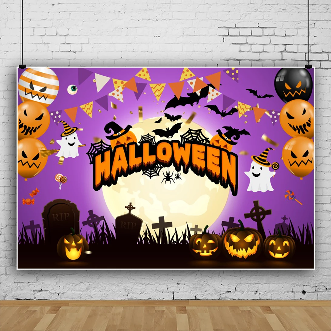 Cartoon Halloween Backgrounds Full Moon Bat Witch Tomb Terrible Night Party Scene Photographic Backdrops For Photo Studio