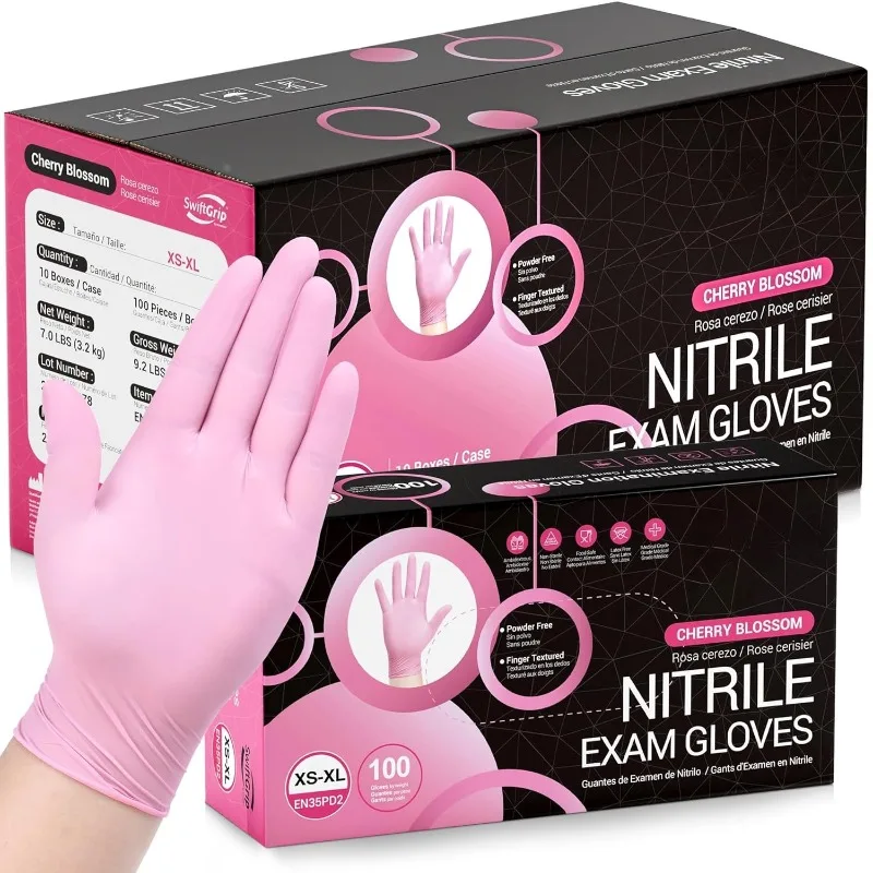 

Pink Nitrile Gloves, 3-mil, Industrial Gloves Disposable Latex Free, for Cleaning & Esthetician, Rubber Powder-Free, 1000-ct Cas