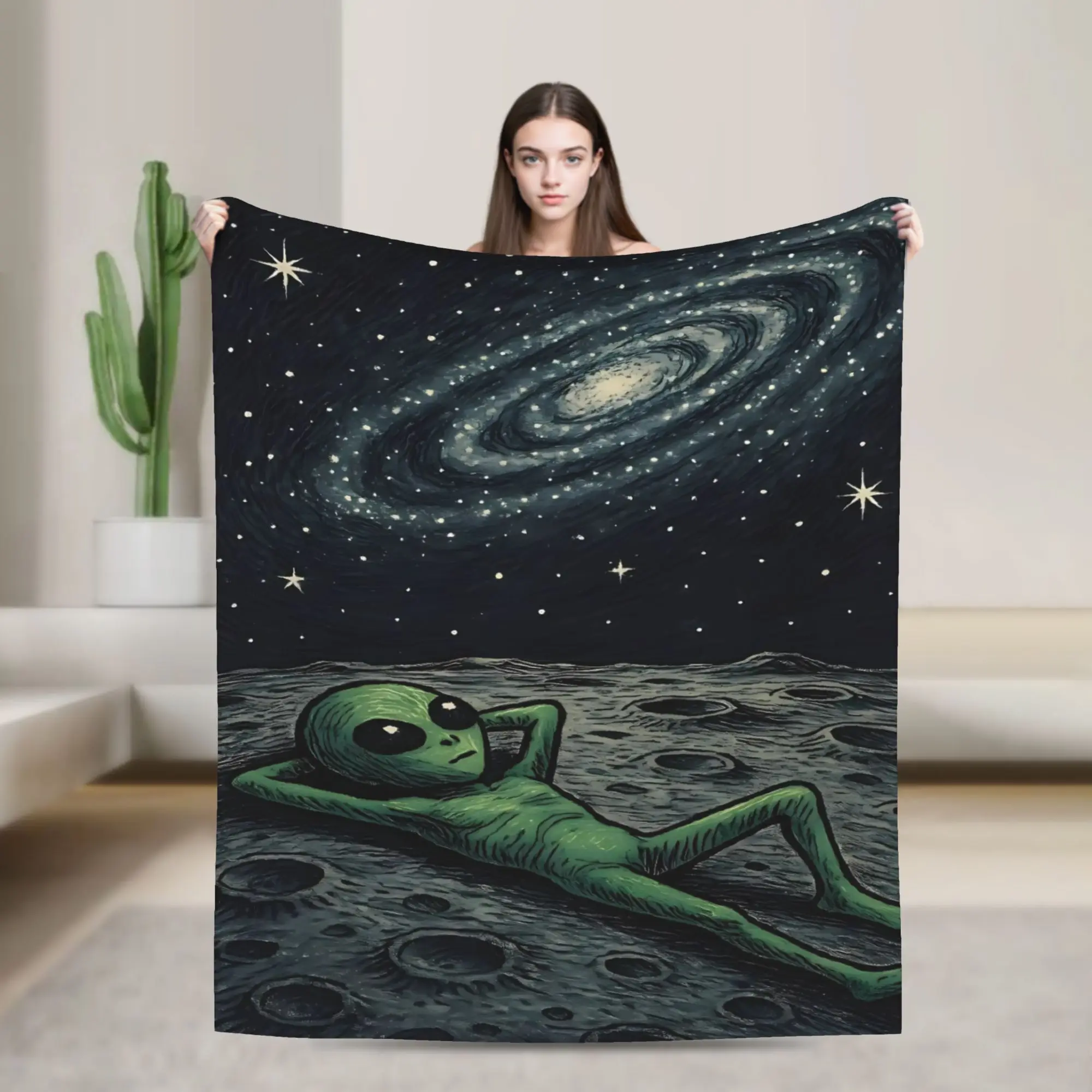 Green Alien Lying On Moon Surface Starry Galaxy Van Gogh Style Flannel Blanket Soft Bedding Throws for Chair Bedspread Cover