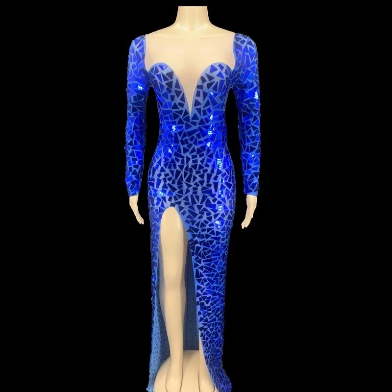 

Female Performance Costume Stage Wear Sparkly Blue Mirrors Long Dress Women Birthday Celebrate Outfit Prom Evening Party Dress