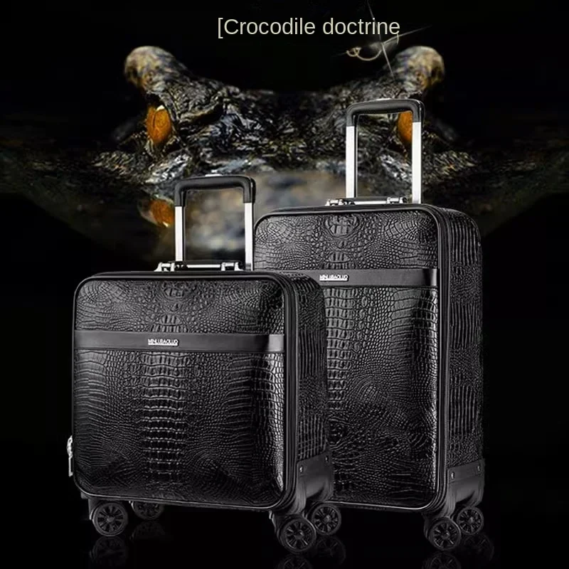 Crocodile Grain Leather Suitcase Men\'s Bussiness Rolling Luggage Mute Wheels Boarding Password Trolley Case