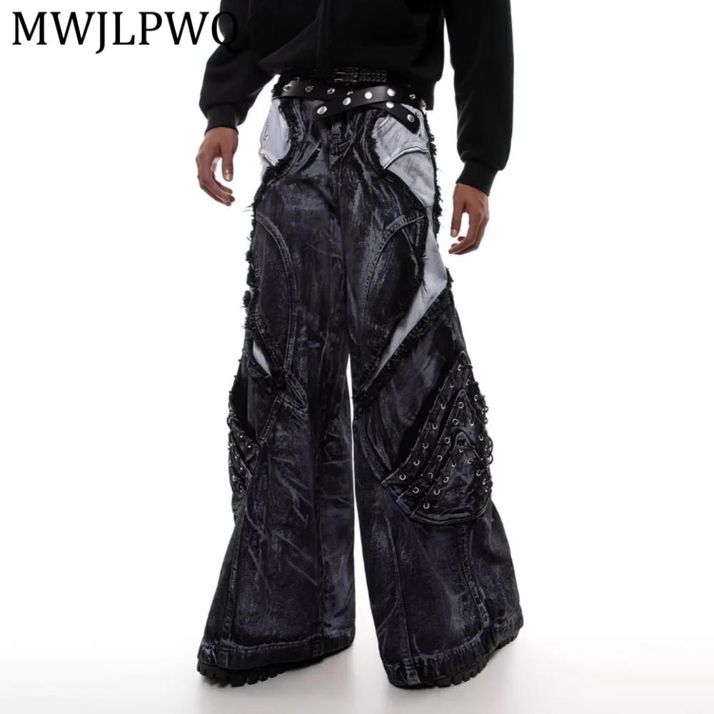 

MWJLPWQ 2026 Summer Multi-Pocket Workwear Jeans For Men Vintage High-End Loose Fit Casual Straight Wide Leg Vibe Pants 14931
