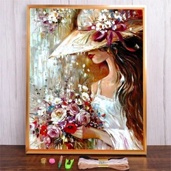 DIY Thread Embroidery Kit With Flower Women Pattern Printed Cross Stitch Handmade Sewing Art Craft Gift Home Decoration