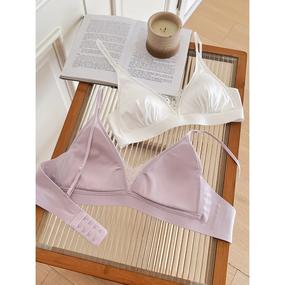 French Satin Triangle Cup Underwear Women's Thin Collection Small Chest Deep V-neck Thin Shoulder Strap Seamless Sexy Back Bra
