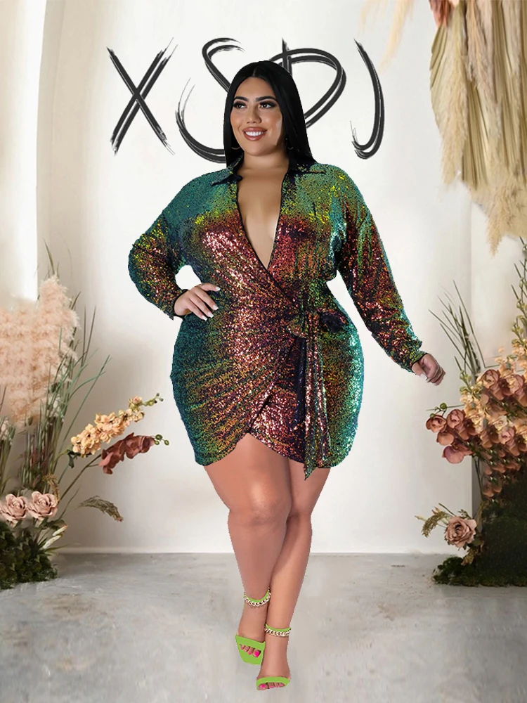 Elegante e bonito vestido curto de lantejoulas feminino, vestidos de festa sexy, plus size, atacado, Dropshipping