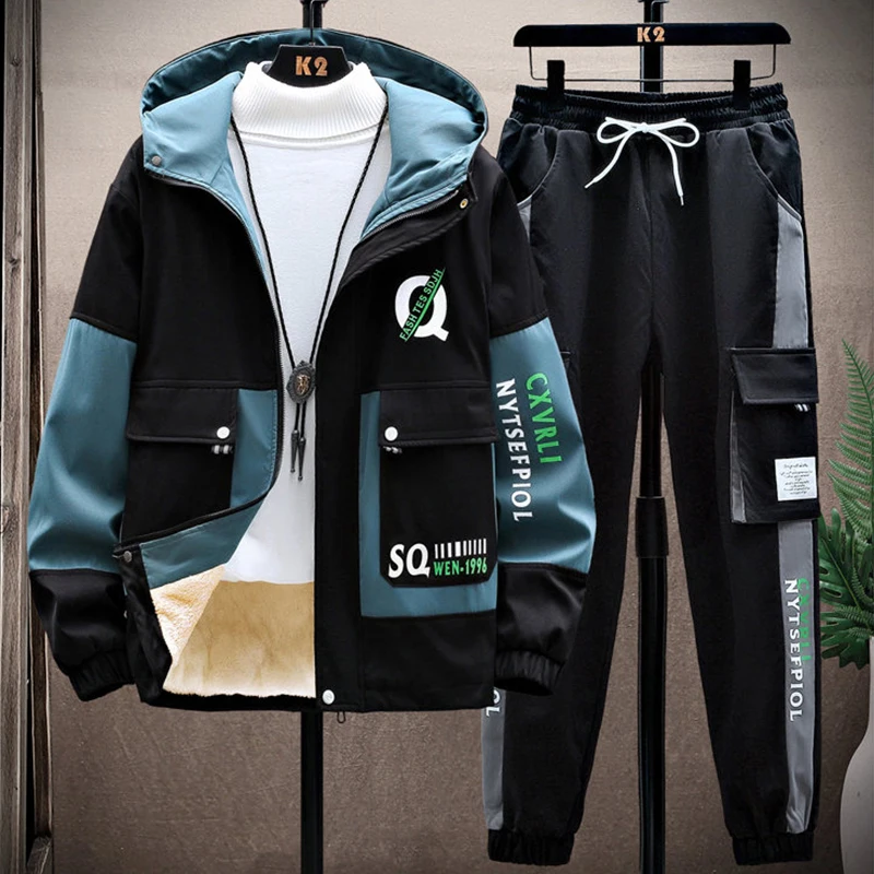 

Fashion 2-Piece Men's Sets Clothing Hooded Fleece Jackets And Full-Length Pant 2025 Autumn Winter Youth Warm Plush Coat & Jogger