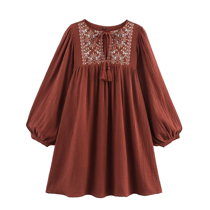 YENKYE European And American Style Embroidery Short Dress Women Lace Up O Neck Puff Sleeve Casual Dresses Vintage Vestidos