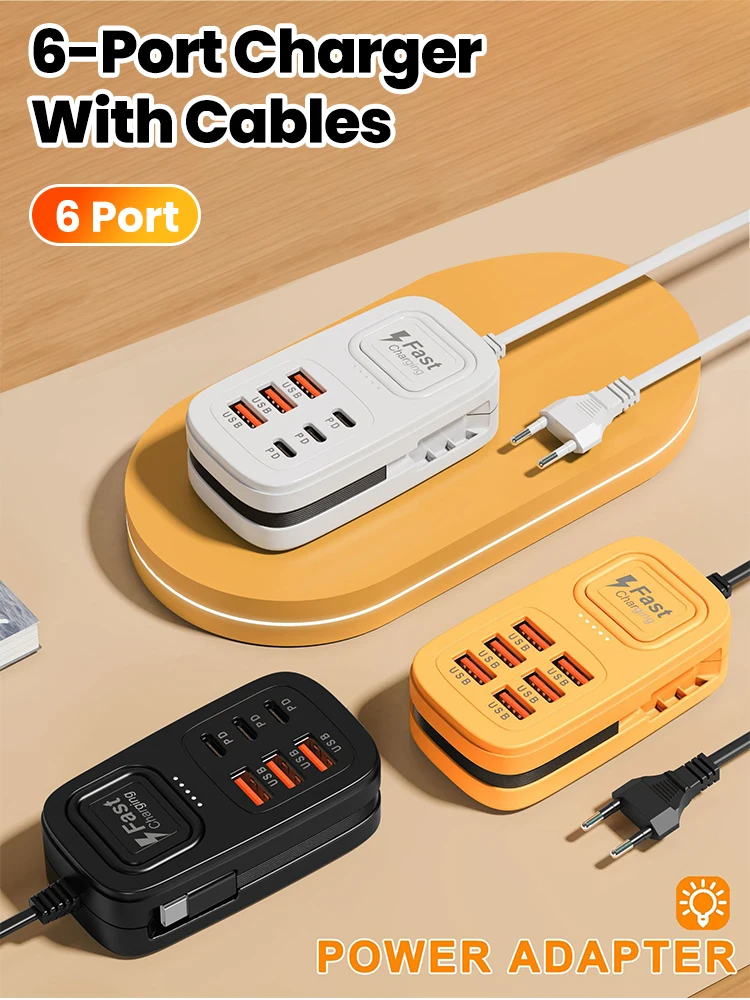 Listwa zasilająca 6 w 1 z szybkim ładowaniem 3USB+3Type-C, stacja ładująca do telefonów komórkowych z wtyczką EU/UK/US, adapter USB HUB, gniazdo z kablem 1m — 2
