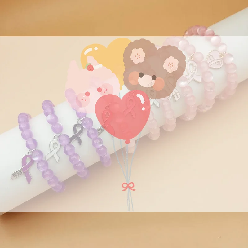 1Pcs Ribbon Charm Beaded Elastic Bracelet Pink Ribbon Elastic Beaded Jewelry Breast Cancer Awareness Bracelets For Women