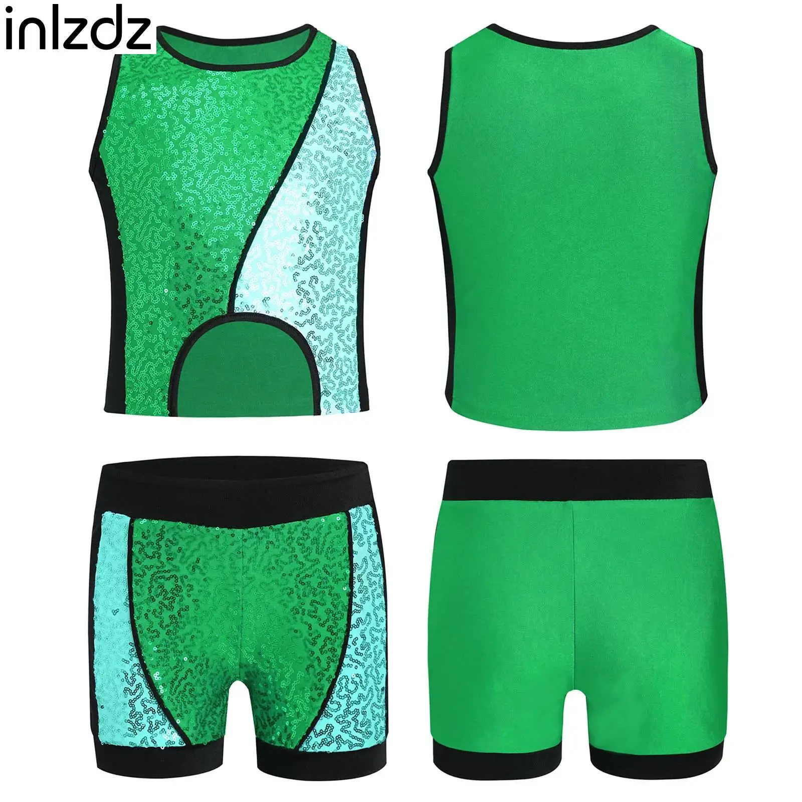

Kids Girls 2Pcs Jazz Dance Outfit Costume Asymmetrical Hem Vest with Shorts Set Hip Hop Clothes Cheerleading Performance Wear
