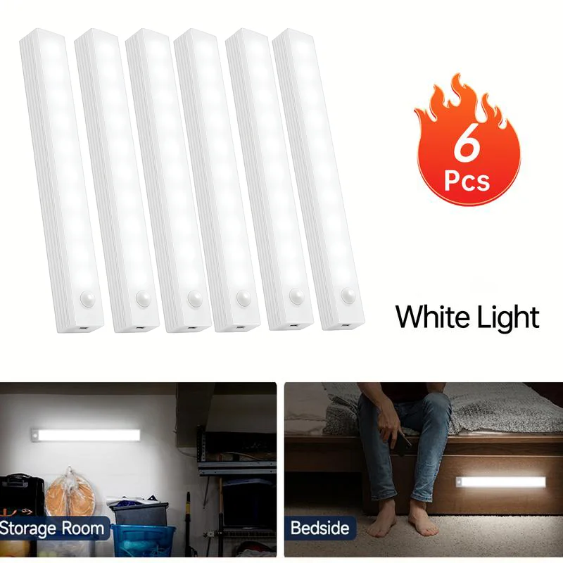 6-delige draadloze oplaadbare LED-kastlamp met bewegingssensor - Ideaal voor kast, keuken, kledingkast, trap - Nacht op batterijen