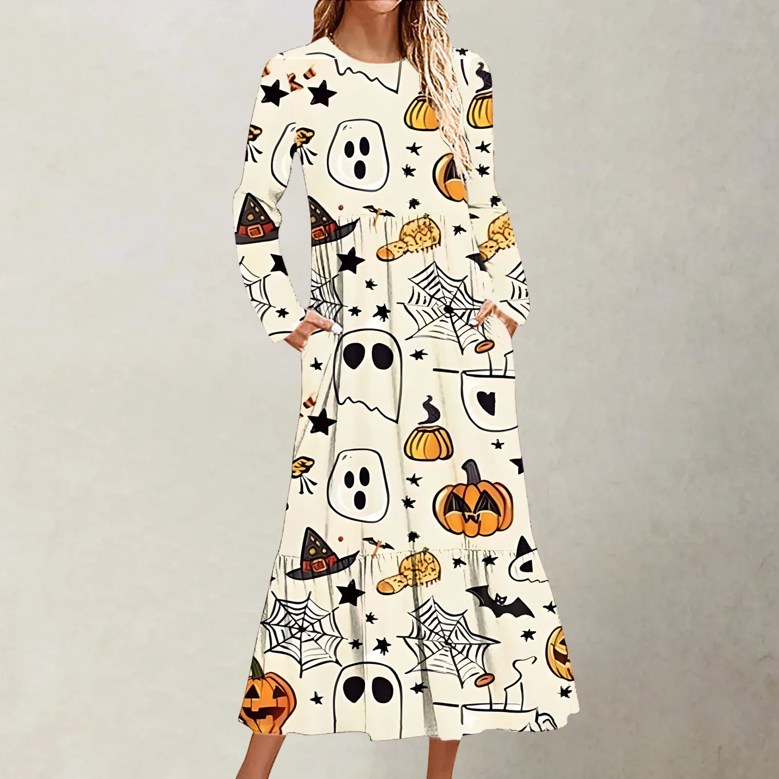 Autumn New Women's Dress O and V-neck Halloween Theme Pumpkin Ghost Pattern Printed Comfortable Casual Long Sleeve Dress 원피스