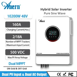 Anern 10.2KW Solar Inverter Off Grid on Grid 48v Photovoltaic Hybrid Inverter Dual MPPT 160A Solar Charger 230V PV 500Vdc