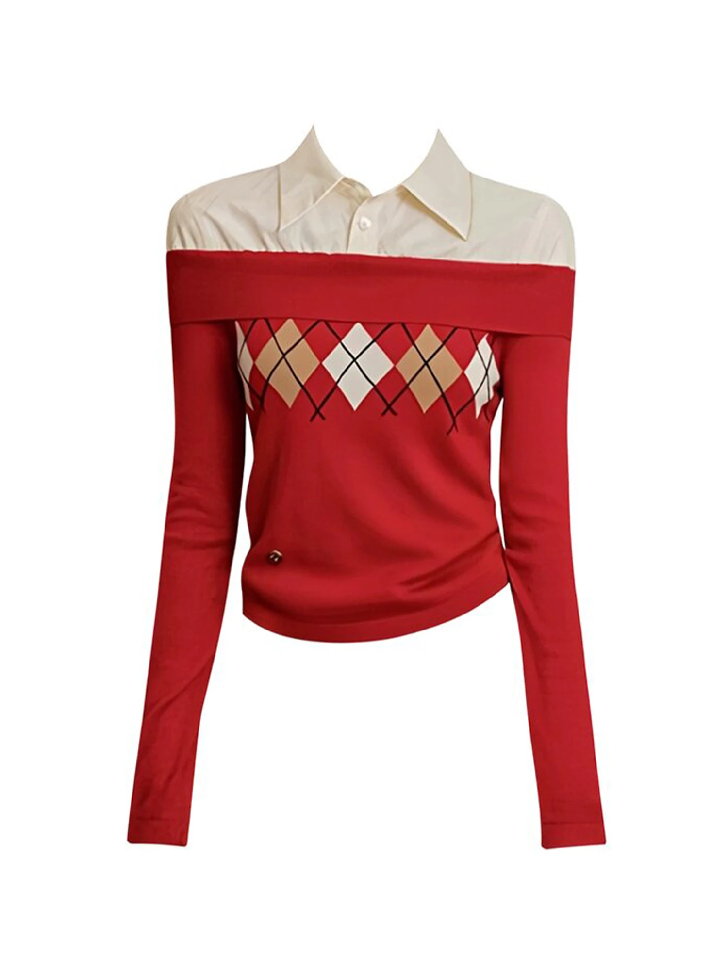 Women Christmas Red Y2k Polo-Neck T-shirt Gyaru Tee Top 2000s Vintage Aesthetic Long Sleeve Oversize Patchwork T-shirts Clothes