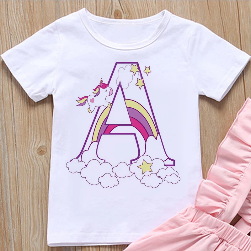 

Children's Clothing Cute Unicorn Letter Print T-shirt Age Birthday Girl Tshirt Children Harajuku Kawaii Clothes Tops Summer Tees