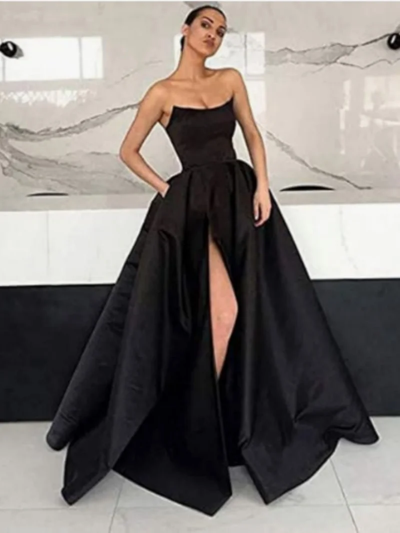 Womens Long Strapless Satin Prom Dress Sleeveless Slit Evening Ball Gown with Pockets Formal Occasion Guest Gown