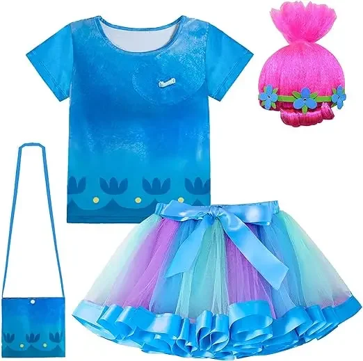 Poppy Dresses Custome Set Rainbow Tutu Dress for Girls Cosplay Dress Up Outfits Birthday Party Halloween Carnival Easter Suits