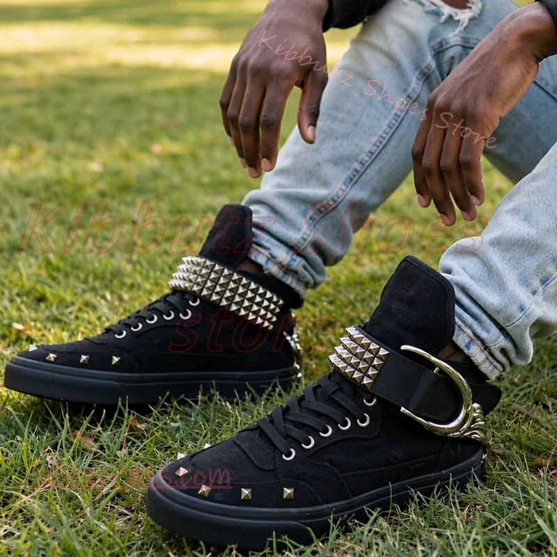 Punk Rivet Sneakers Metal Spike Strap Lace Up Ankle Boot Streetwear Alt Gothic Rock Footwear Sport Casual Shoes Street Style New