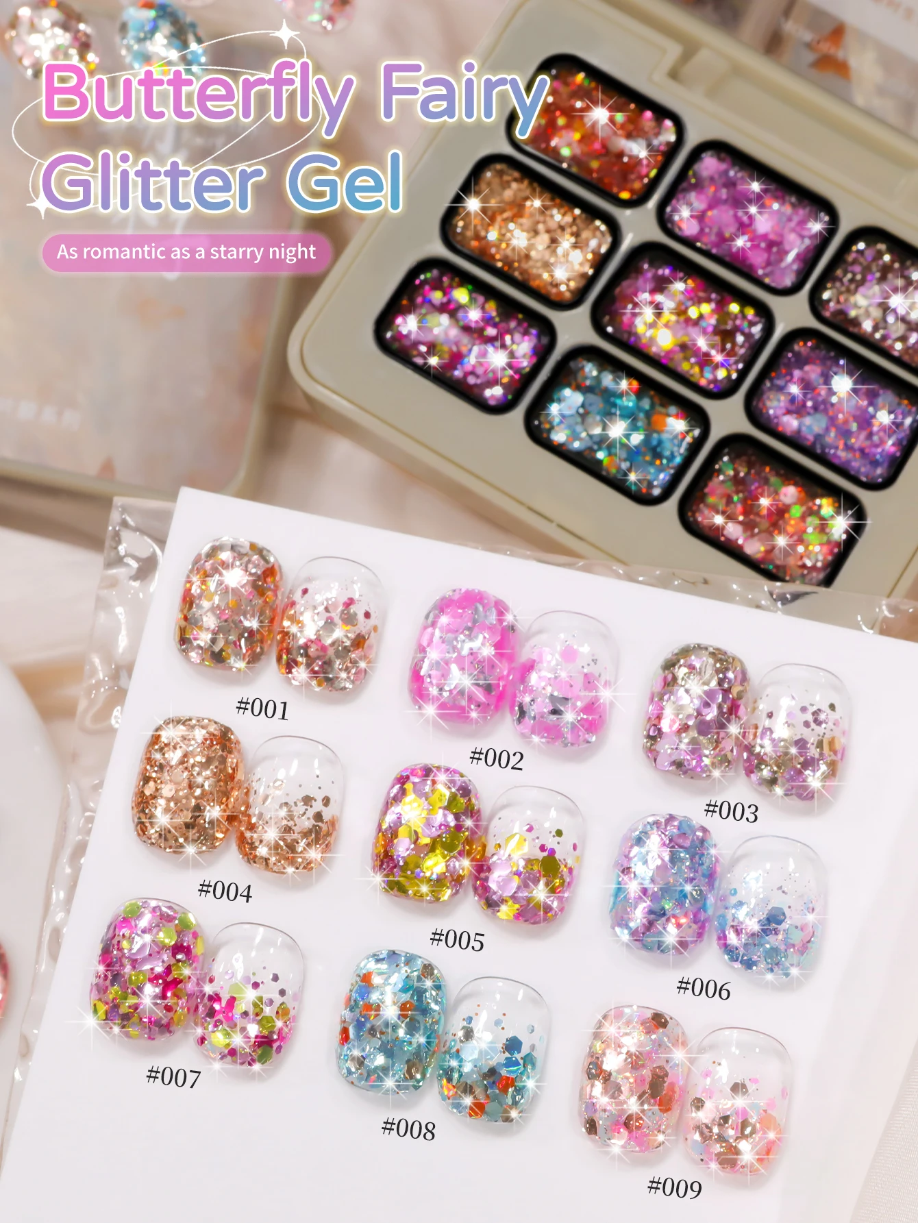 

Butterfly Fairy 9-Color Large Glitter Gel Nail Art Set - Multicolor Chunky Glitters for Butterfly Design, Salon Home Nail