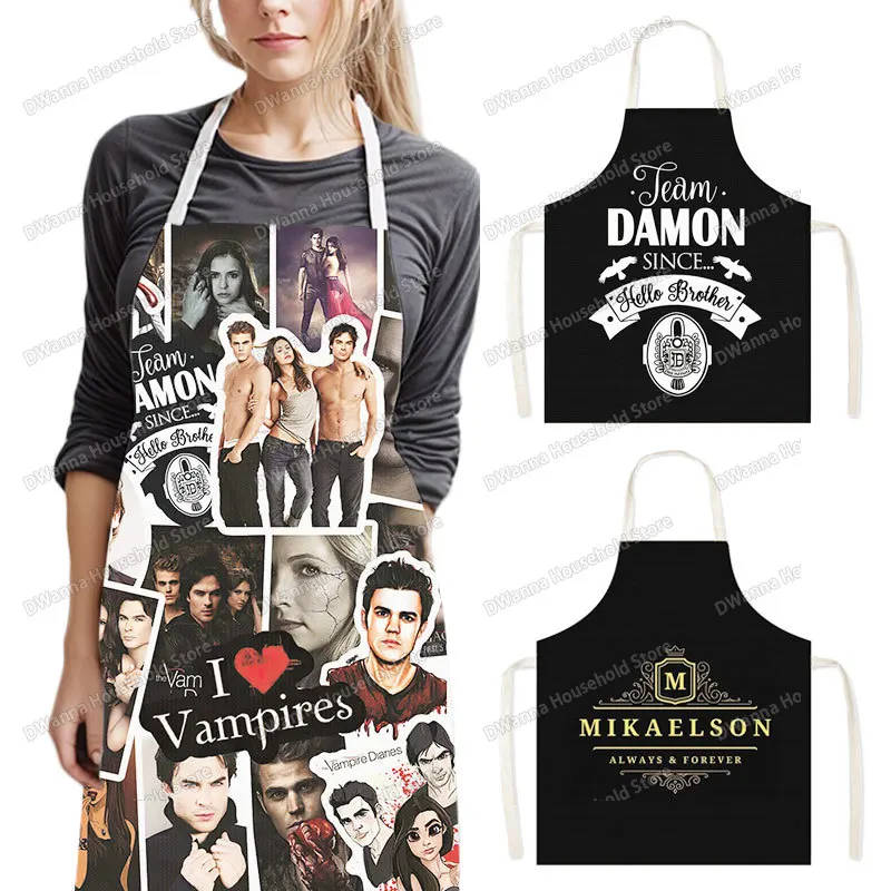The Vampire Diaries Print Cozinhar Avental para Mulheres, Chef de Cozinha Aventais, Pinafore De Linho, Equipe Home Cleaning Vestuário, Equipe Roupas
