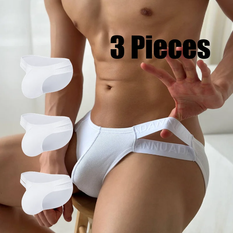 

3pcs-Double Belt Cotton Briefs for Men - Low Rise, U-Pouch, Hip Lift, Soft & Breathable Underwear.