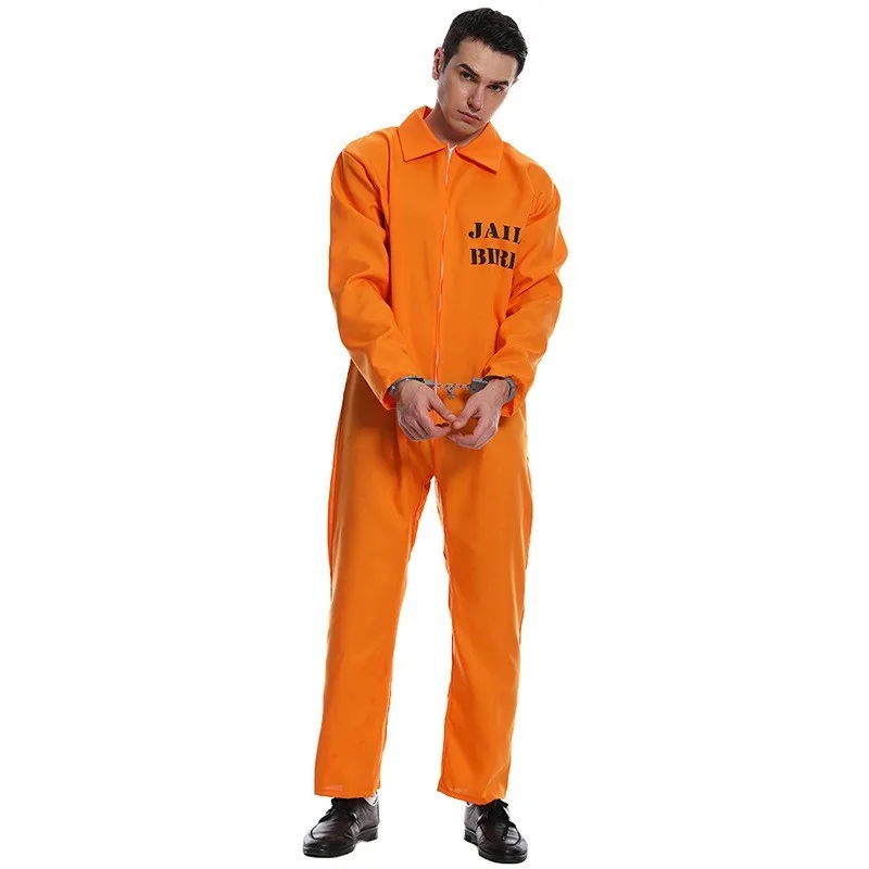 

Mardi Gras Jail Cosplay Costume Couple Matching Prisoner Stage Show Costume Orange Jumpsuit Halloween Cosplay Party Wear Costume
