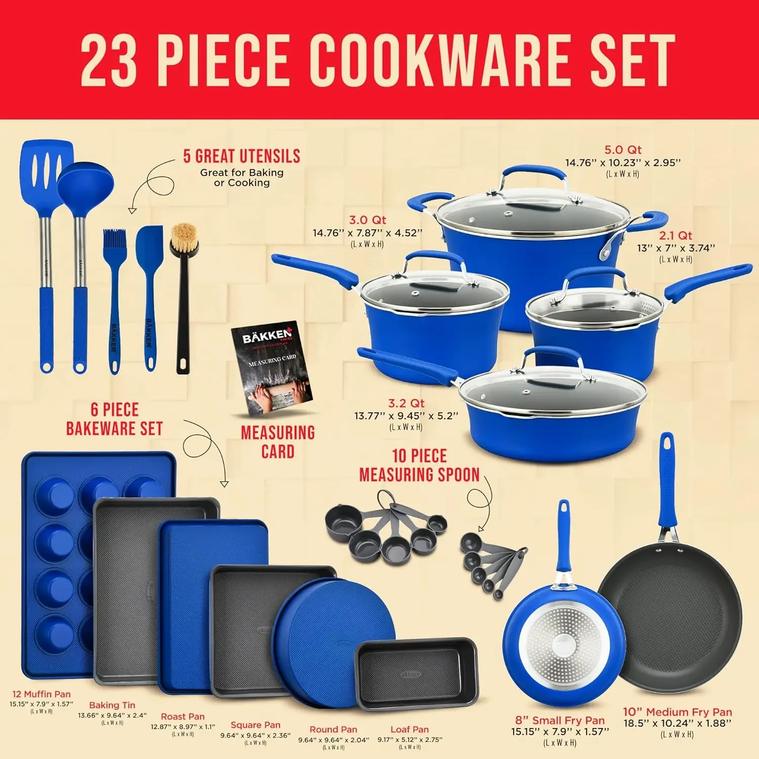 Cookware Set – 23 Piece –Blue Multi-Sized Cooking Pots with Lids, Skillet Fry Pans and Bakeware – Reinforced Pressed Aluminum