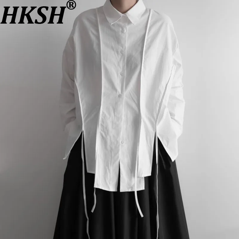 

HKSH Spring Autumn New Women Tide Yamamoto Dark Style Trendy Design Irregular Ribbon Long Sleeve Shirts Chic Casual Tops HK12647
