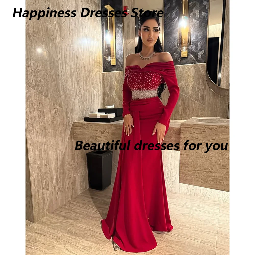 

Red Evening Dresses for Women Long Sleeves Off The Shoulder Party Gowns Long Floor Length Mermaid Prom Dresses Customized
