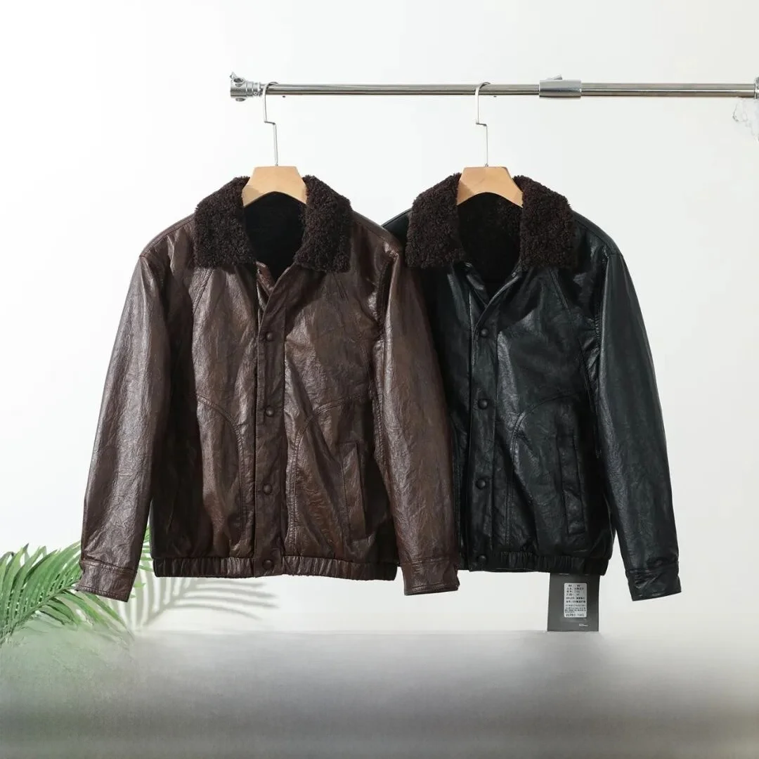 

Thiened Eco-friendly PU Leather Men's Jaet Winter Warm Fce Lined Line Inteated Fur Stand Fit Long Sve