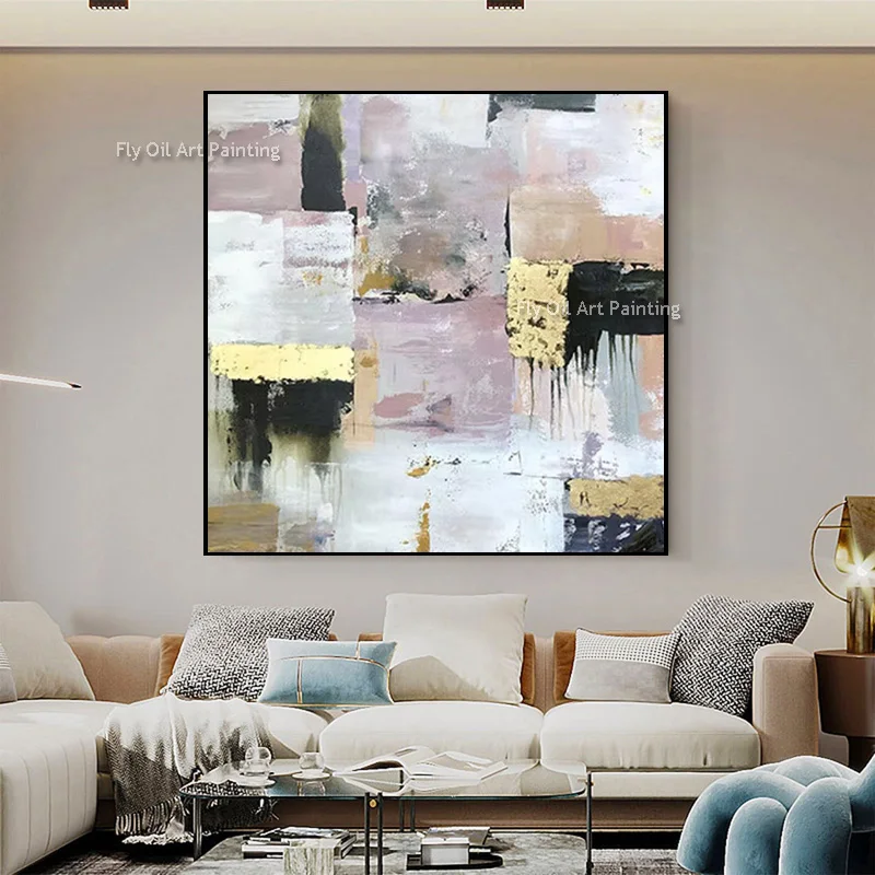 Handmade Canvas Wall Art Modern Gold Foil Textured Oil Painting Neutral Purple Beige Black Large Wall Decor For Home Decoration